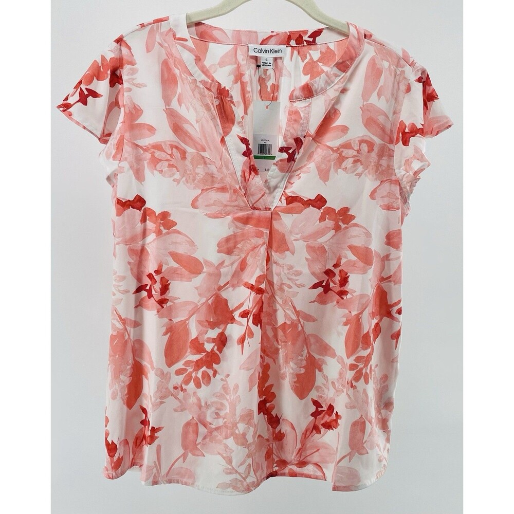 Calvin Klein Women’s Large NWT Pink Floral Blouse Split Neck Short Sleeve Top